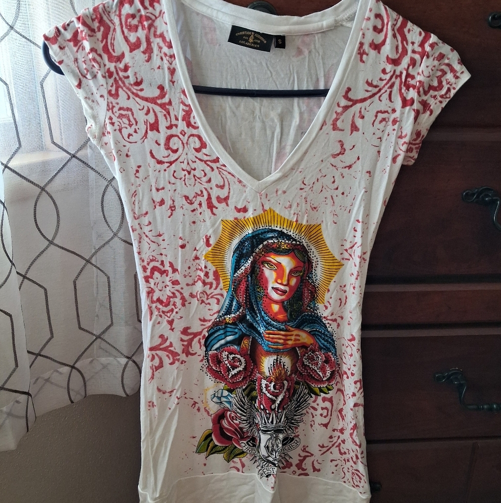 Christian Audigier V-Neck Top - Red, White, and Blue